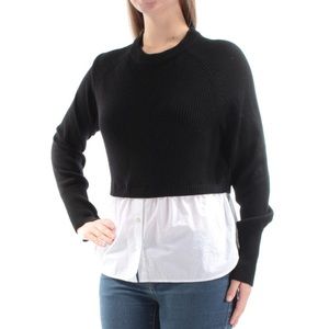 DKNY Merino Wool Black Chunky Layered Sweater with Attached Shirt Small
